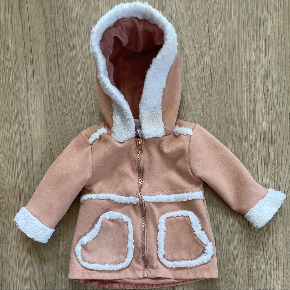 LITTLE LASS Pink Metallic Faux Shearling Hooded Jacket Size 12M
